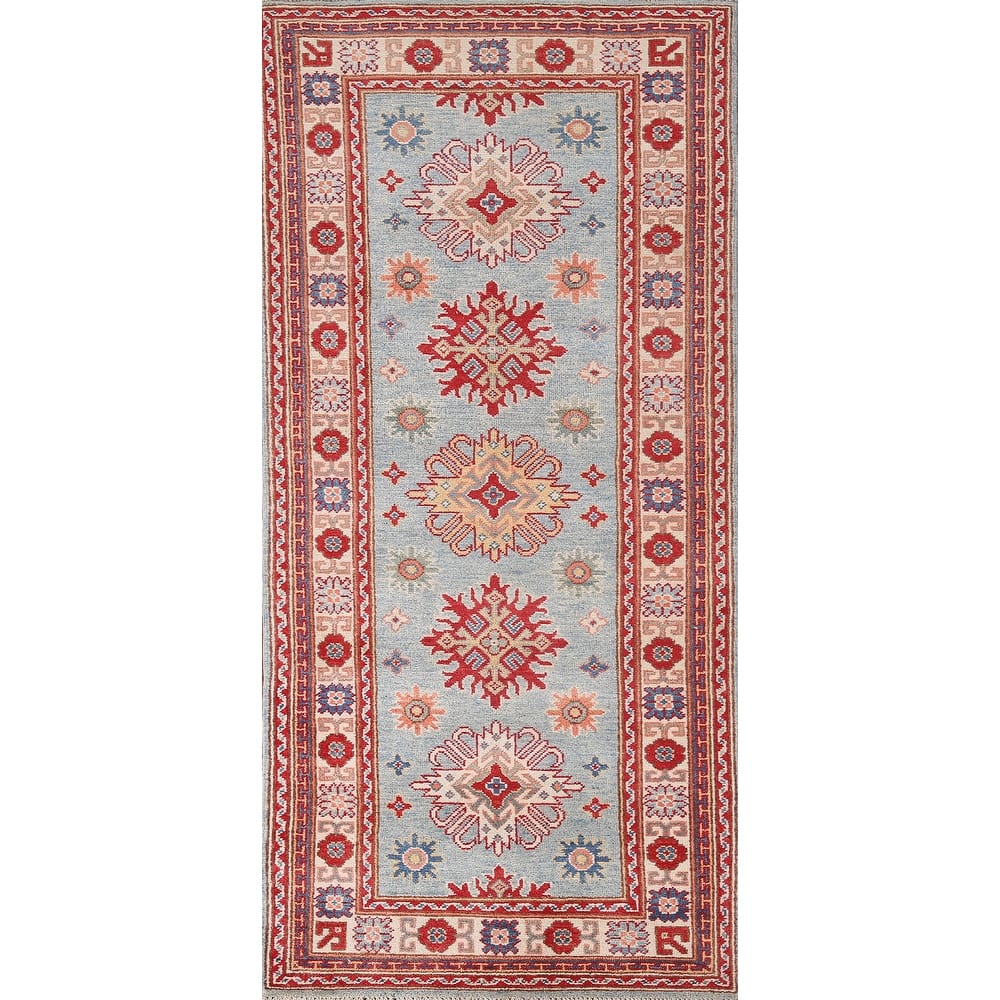 Light Blue Geometric Kazak Runner Rug Hand-Knotted Wool Carpet - 2'8" x 6'6"