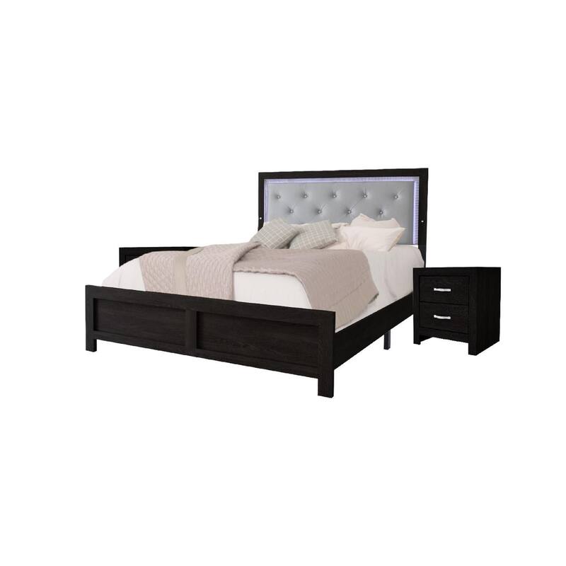 Modern Queen Panel Bed with LED Upholstered Headboard and Button Tufted Design