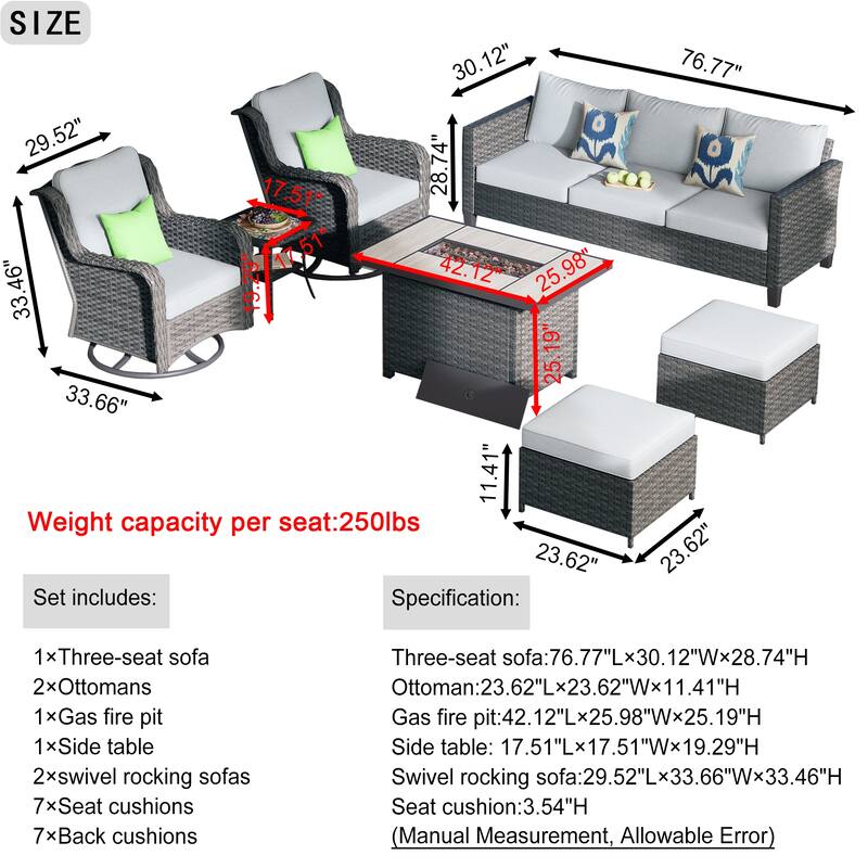 OVIOS 7-Piece Patio Swivel Chair Set with 42" Fire Table