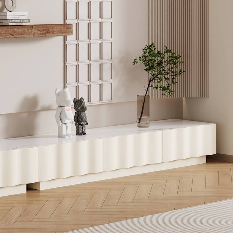 Modern Cream TV Stands with 3-6 Drawers, White Media Console with Glossy Sintered Stone Tabletop