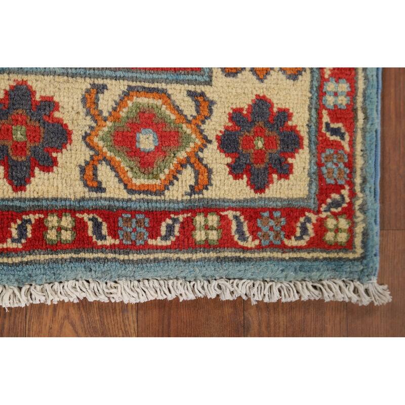 Light Blue Geometric Kazak Rug Hand-Knotted Oriental Wool Carpet - 2'8" x 3'11"