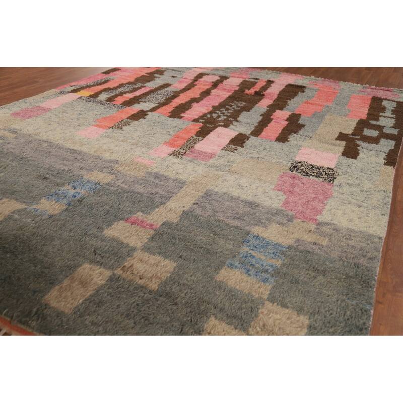 Plush Moroccan Oriental Area Rug Handmade Grey Wool Carpet - 7'10" x 10'4"