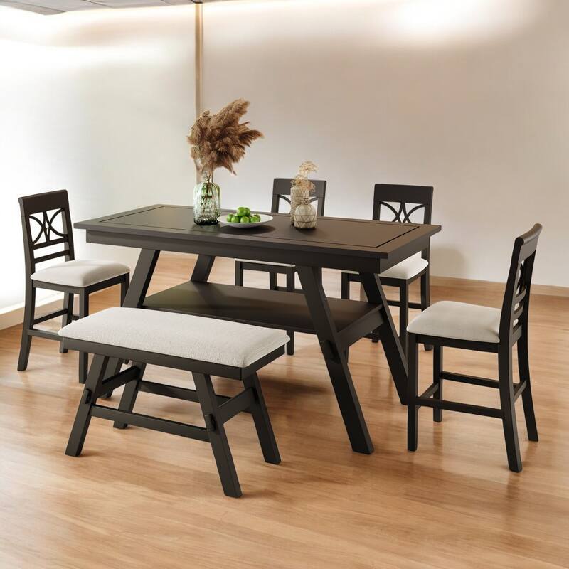 6-Piece Counter Height Dining Set with Storage Shelf, 4 Chairs and Bench, Solid Wood Farmhouse Kitchen Table Set - Espresso+Beige
