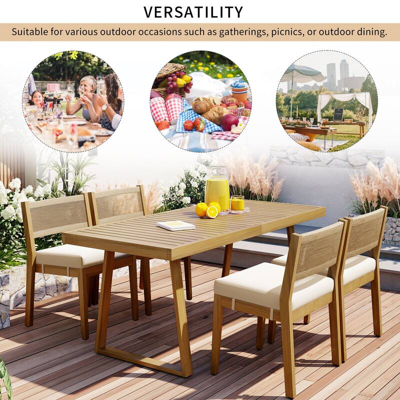 5-Piece Outdoor Patio Acacia Wood Dining Set with Rectangular Table and 4 Cushioned Chairs