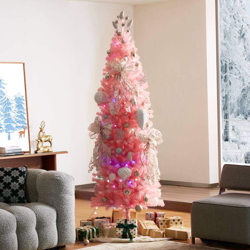 Glitzhome 7.5ft/9ft Shimmering Tinsel Pink Slim Pencil Fir Artificial Christmas Trees