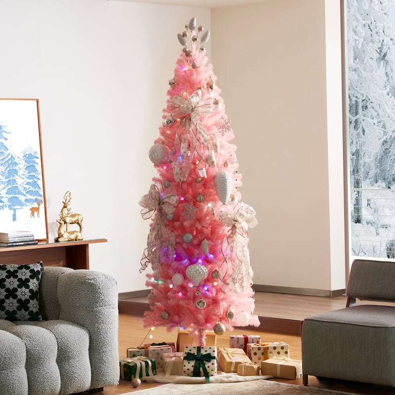 Glitzhome 7.5ft/9ft Shimmering Tinsel Pink Slim Pencil Fir Artificial Christmas Trees