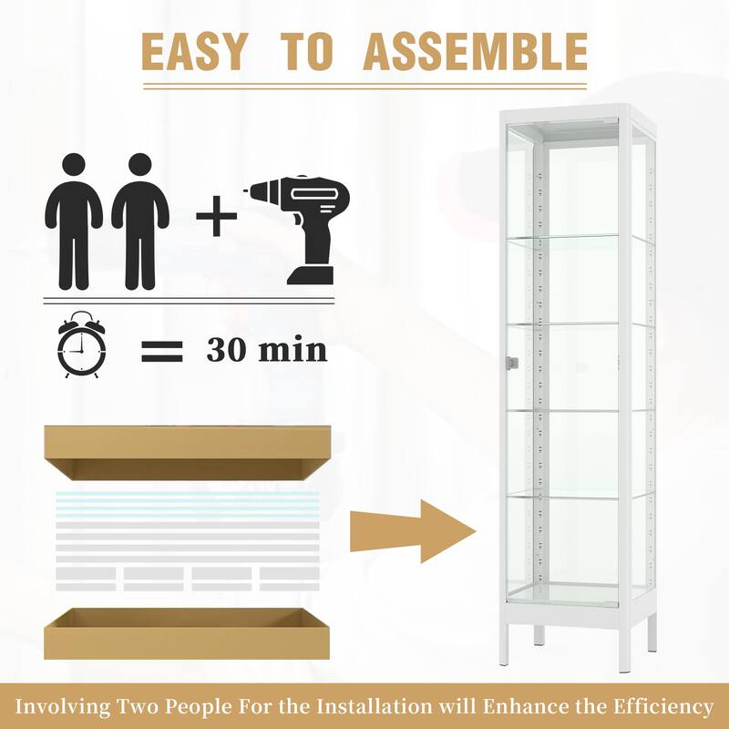5-Tier Tempered Glass Curio Display Cabinet with Adjustable Shelves - 63"H x 15.4"W x 15.8"D