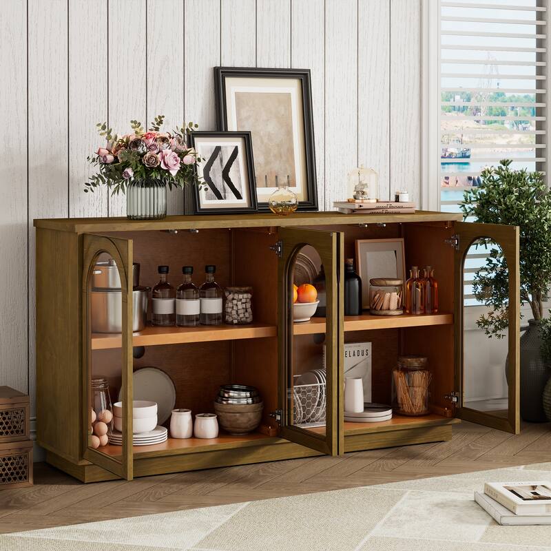 Buffet Cabinet with Glass Doors, Arched Cabinet with Adjustable Shelves, Kitchen Storage Cabinet with Rebound Device