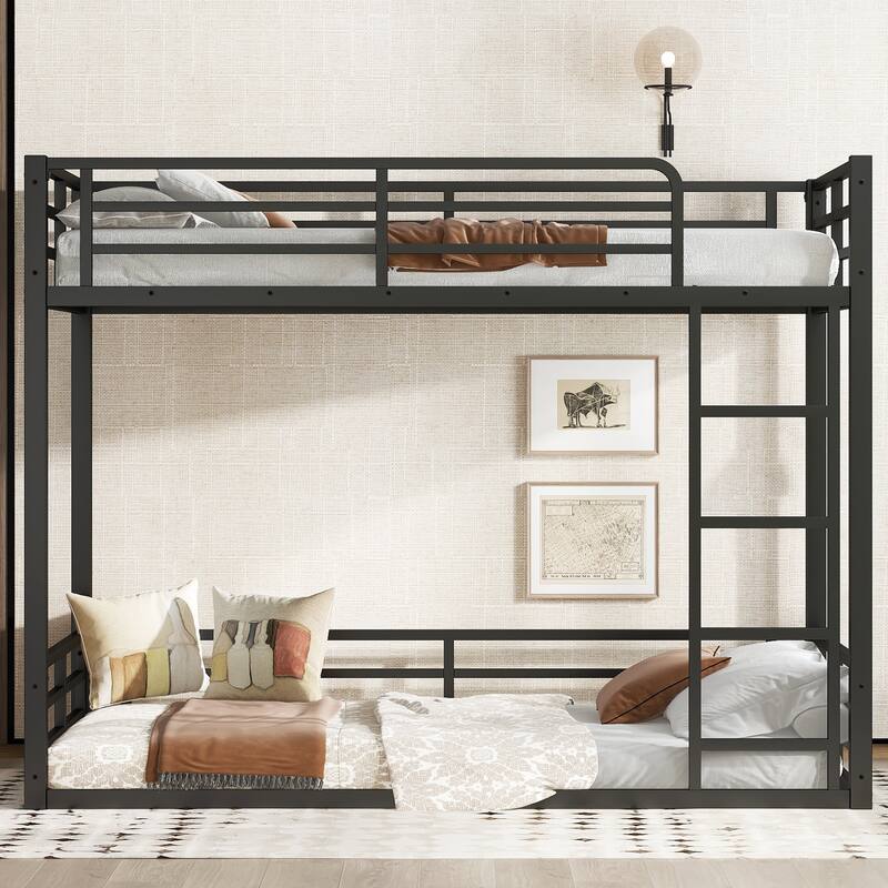 Heavy Duty Metal Bunk Bed, Low Floor Bunk Bed Frame with Full Length Guardrail, Noise Free Design - Black+Twin XL over Twin XL - Twin XL