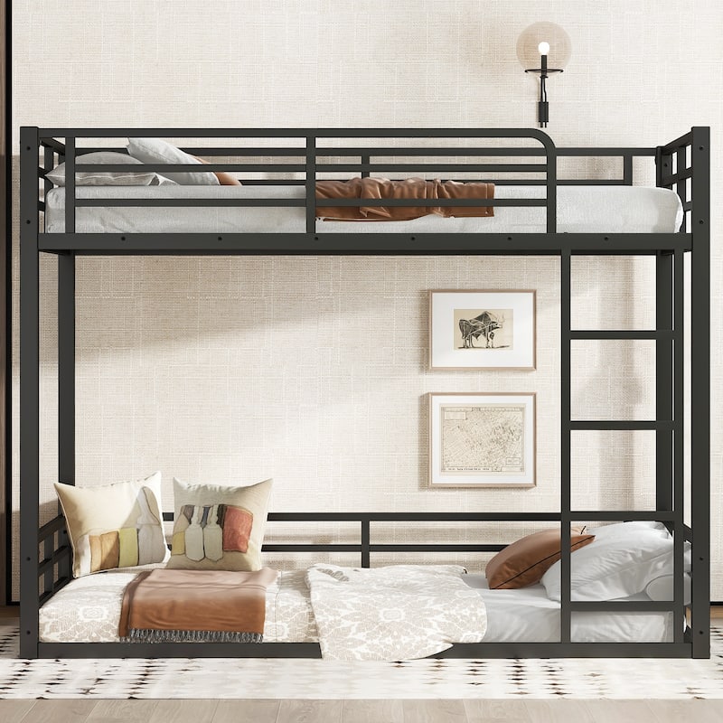 Metal Bunk Bed, Twin XL over Twin XL Floor Bunk Bed Frame, Heavy-Duty Bunk Bed for Kids, Teens, Adults, Noise-reduced Design