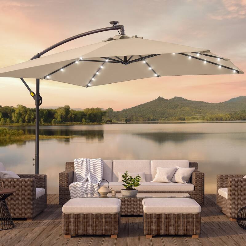 BONOSUKI Patio 8.2Ft LED Offset Umbrella,8 Steel Ribs w/Cross Base - Sand