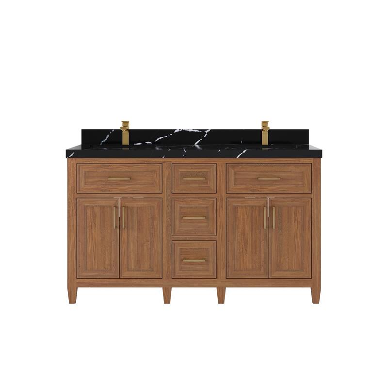 Willow Collections 60 in. W x 22 in. D Santa Monica Teak Double Sink Bathroom Vanity with Countertop - 2”Calacatta Black - Dark Natural