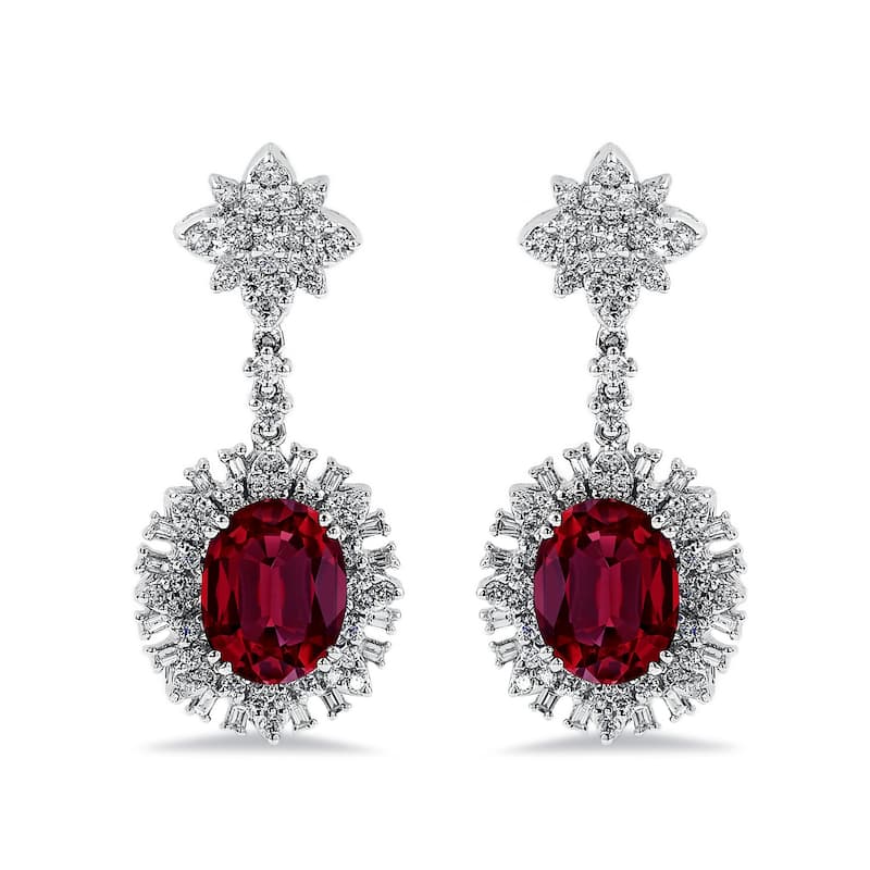 Auriya 5 3/4ct Fancy Oval-cut Red Ruby Halo Diamond Drop Earrings 1 3/4ctw 18k Gold