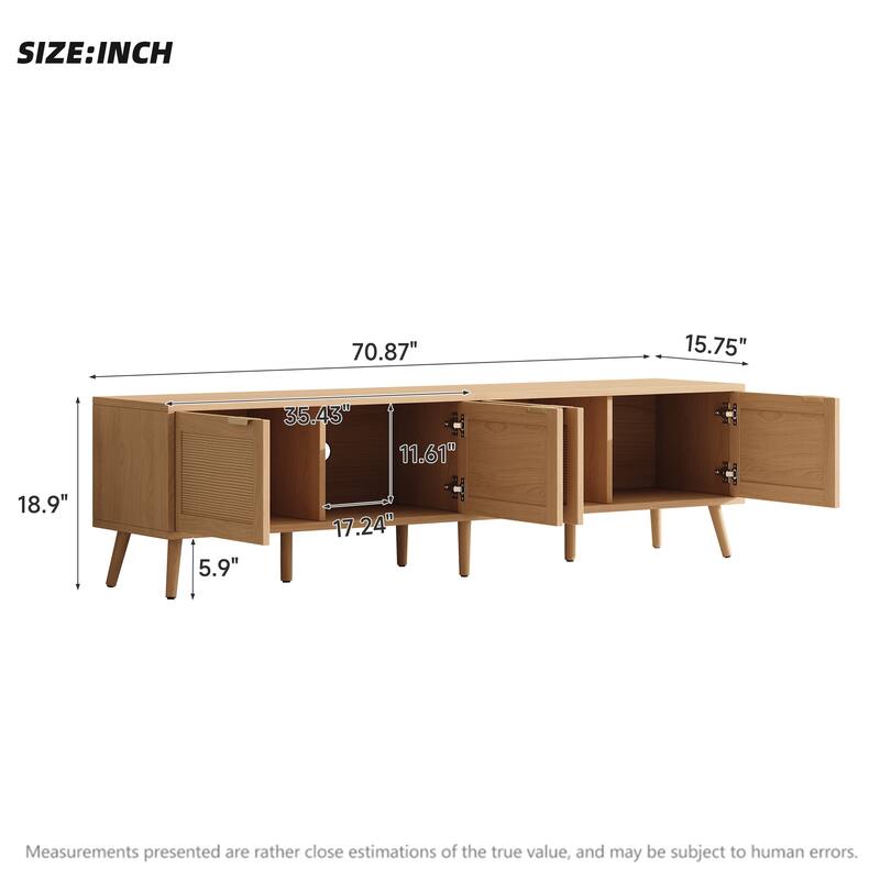 70" Rattan TV Stand for TVs up to 80", Modern Media Console with Storage Cabinets & Cable Holes, Solid Wood Legs