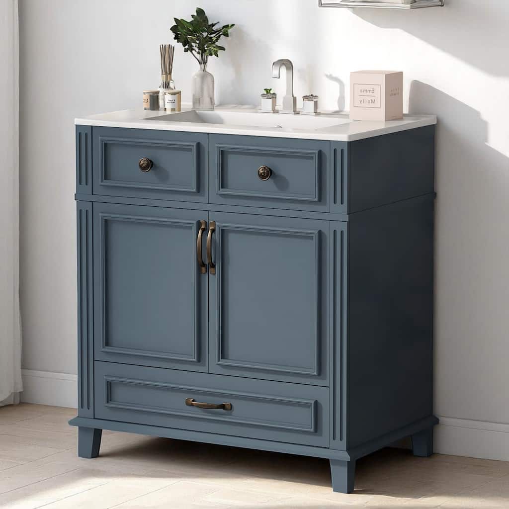 30"Bathroom Vanity with Sink - Solid Wood Frame, Ceramic Basin, Soft-Close Doors,Modern Retro Style with Drawer Storage Cabinet
