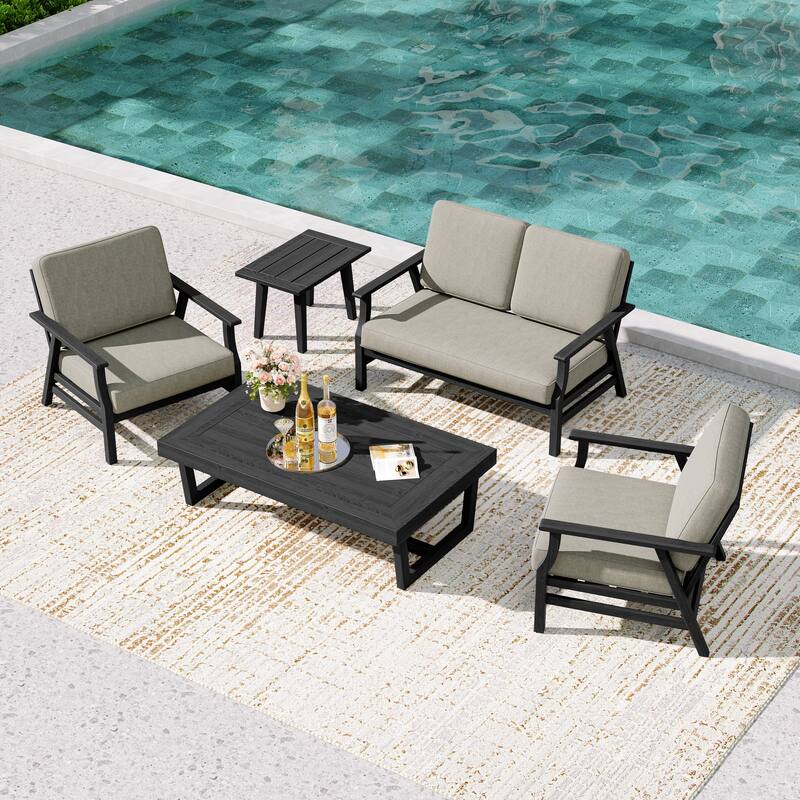 5-Piece Teak Outdoor Conversation Set with Tables. - 4-seat - Light Camel/Black Wood