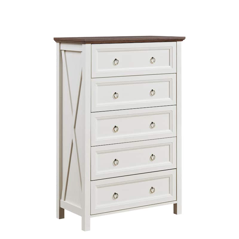 Farmhouse Style Drawer Dresser Rustic Wood Tall Drawers with 5 Drawers, for Bedroom Living Room, Hallway - Beige