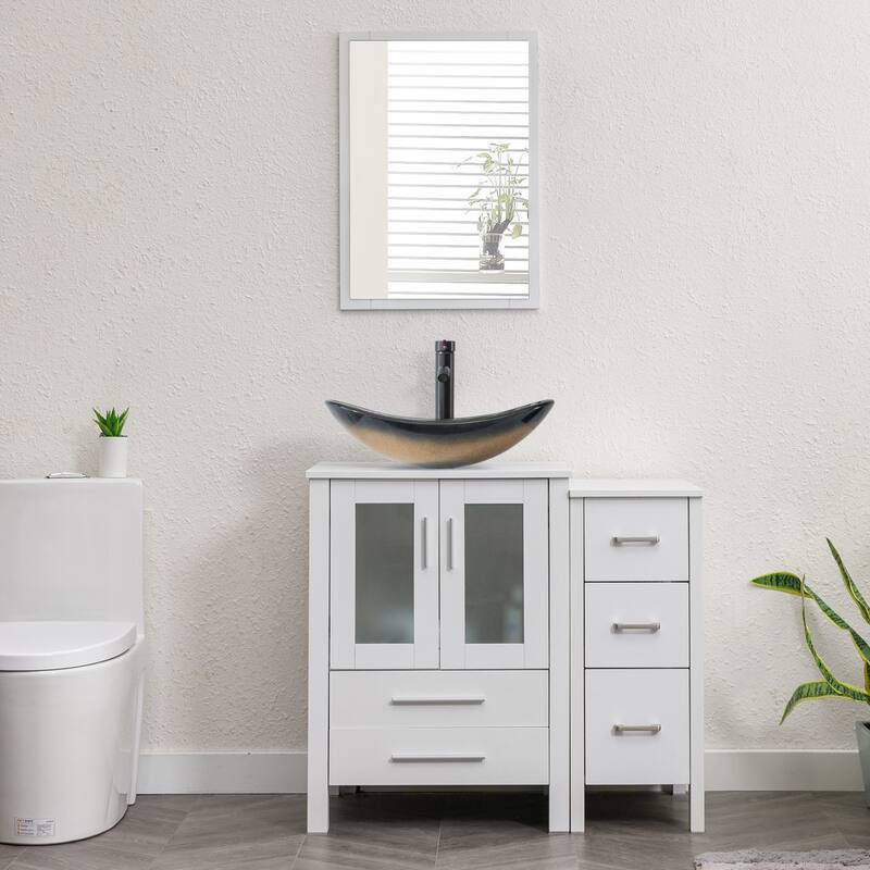 36" White Bathroom Vanity Sink Set with Side Cabinet Vessel Sink Faucet Combo - Glass champagne boat sink