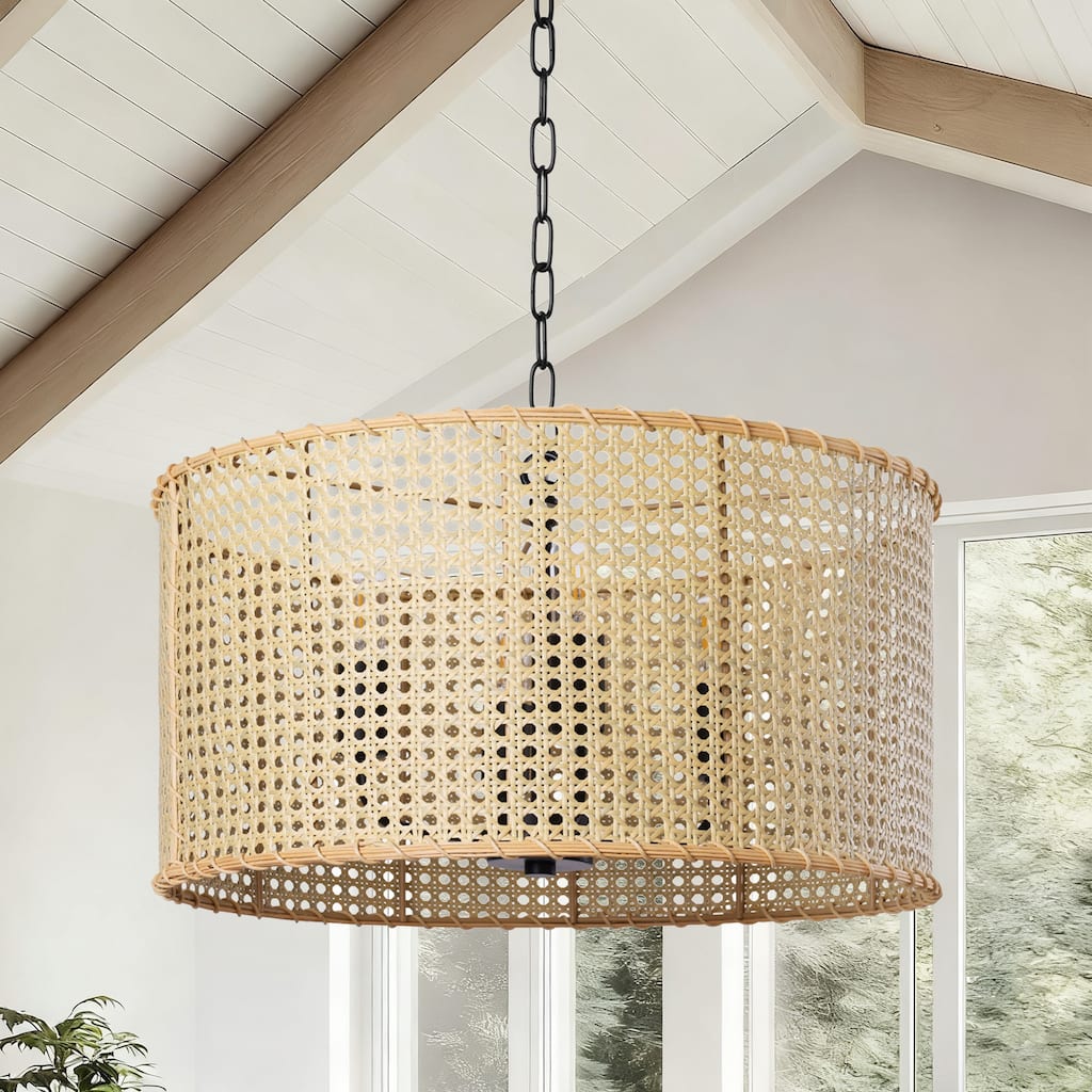 4-Light Dimmable Bohemian Hand Woven Drum Chandelier - 17.7"