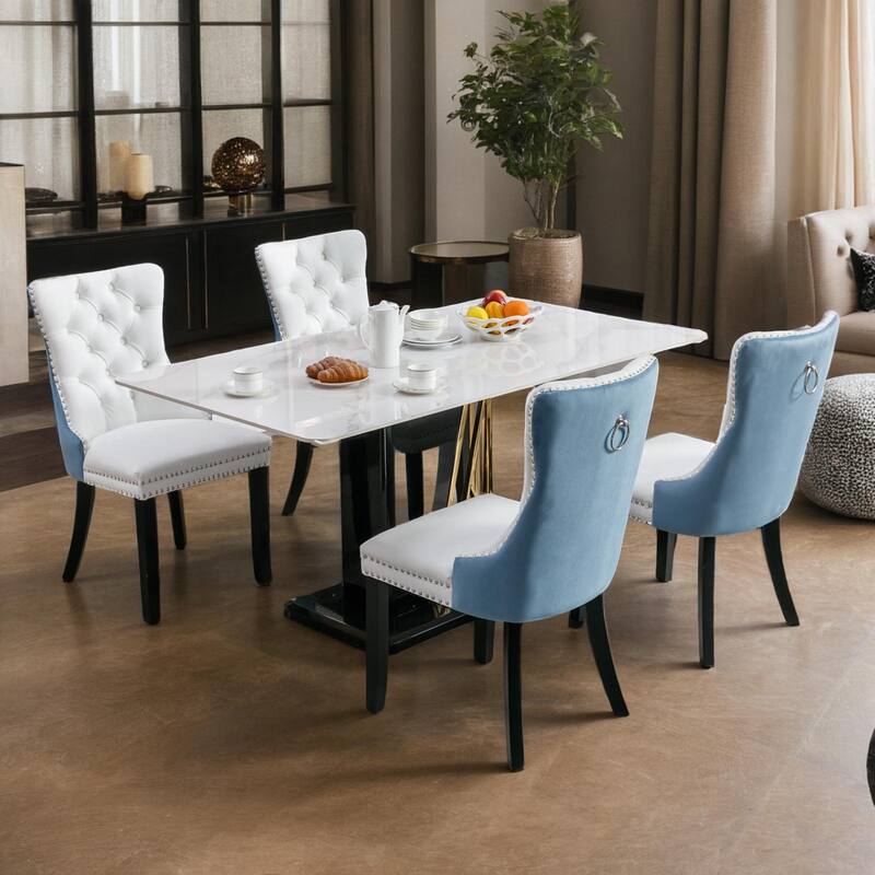 High-end Tufted Solid Wood Contemporary PU and Velvet Upholstered Dining Chair with Wood Legs Nailhead Trim 2-Pcs Set