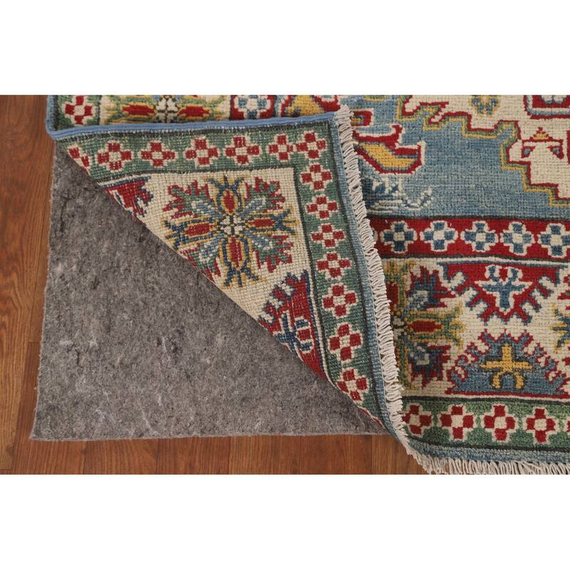 Light Blue Geometric Kazak Area Rug Hand-Knotted Wool Carpet - 4'10" x 6'7"