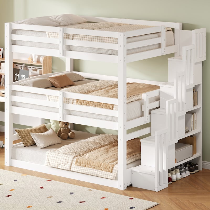Full Size Triple Bunk Bed with Storage Staircase, Separate Design for Multiple Sleepers