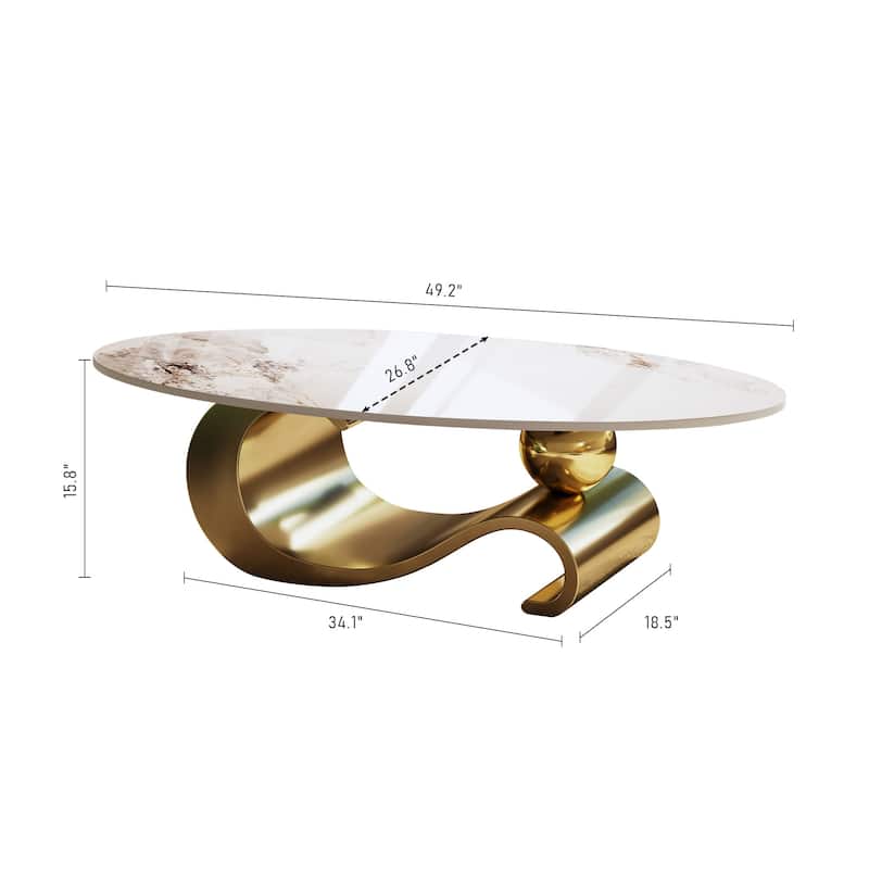 49.2" Faux Marble Oval Coffee Table, Contemporary Stainless Steel Base, Modern Center Table For Living Room