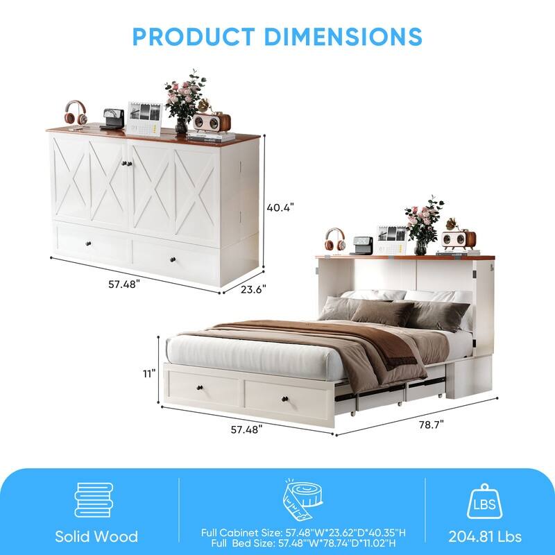 Mixoy Modern Full/Queen Size Murphy Bed Chest with Mattress and Storage