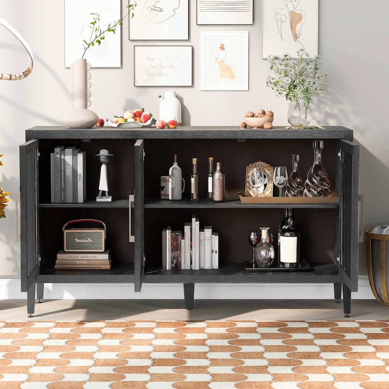 Three-Glass-Door Wood Storage Cabinet with Adjustable Shelf