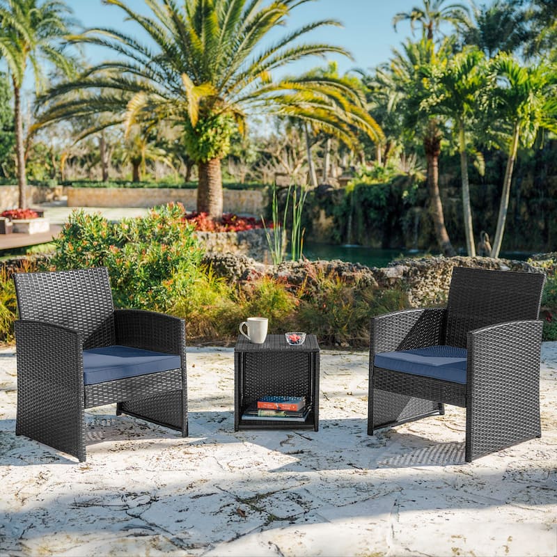 Nestl 3 Piece Patio Furniture Wicker Conversation Set - Gray Frame/Navy Cushions