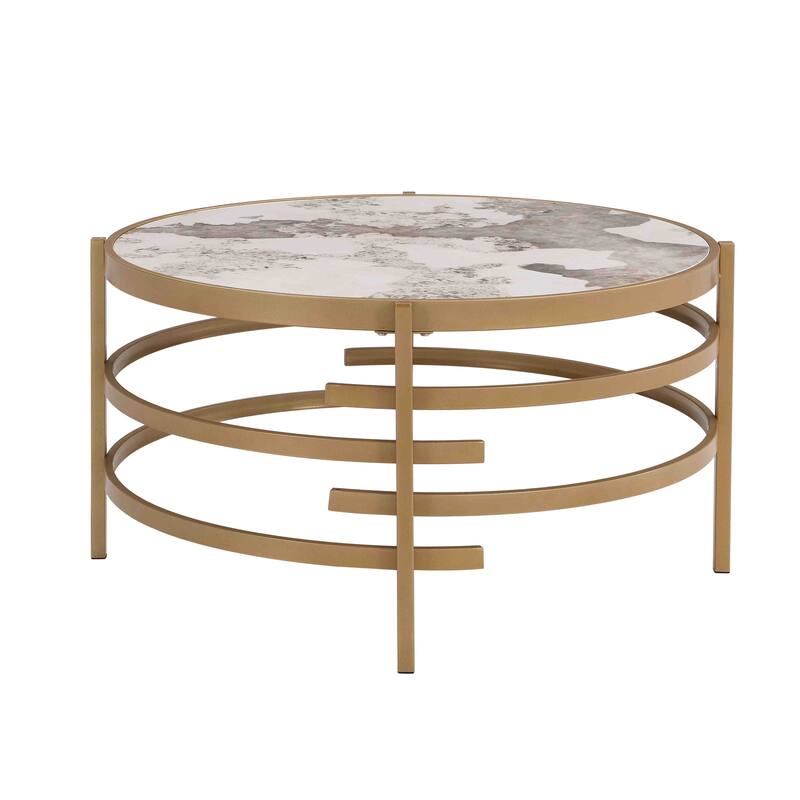 Round Coffee Table with Sintered Stone Top & Metal Lines Frame, Modern