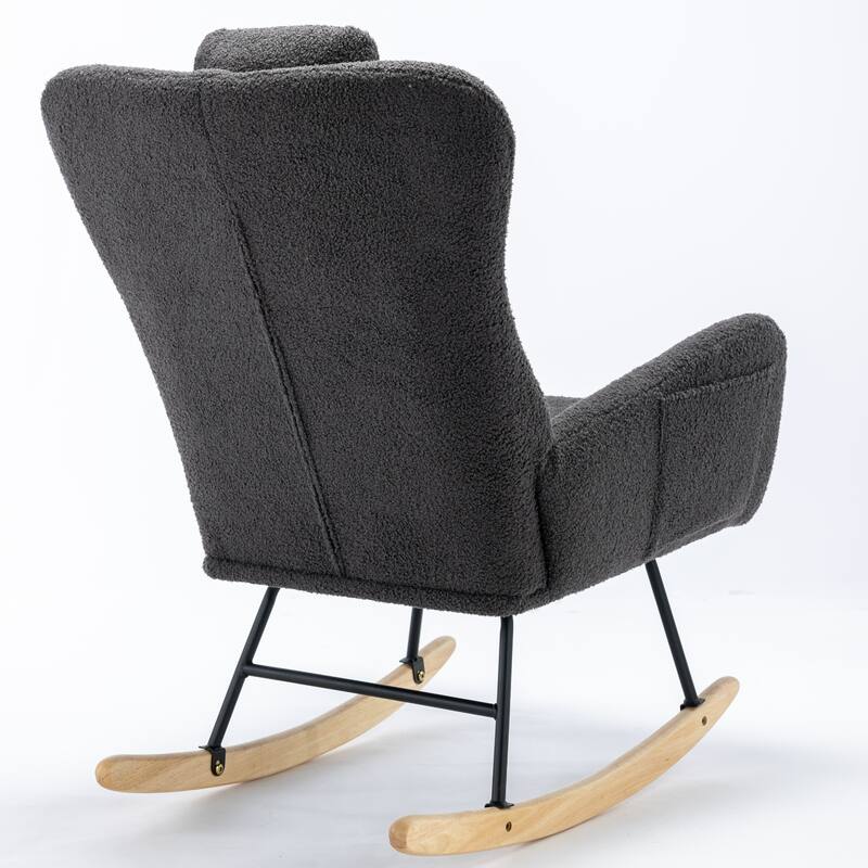 Teddy Fabric Wingback Rocking Chair for Nursery with Safe Solid Wood Base