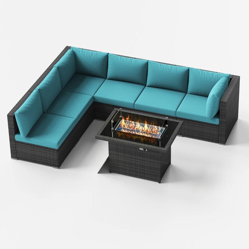 7 Piece High Back Outdoor Sectional Wicker Patio Conversation Set with 43'' Fire Pit Table - Teal