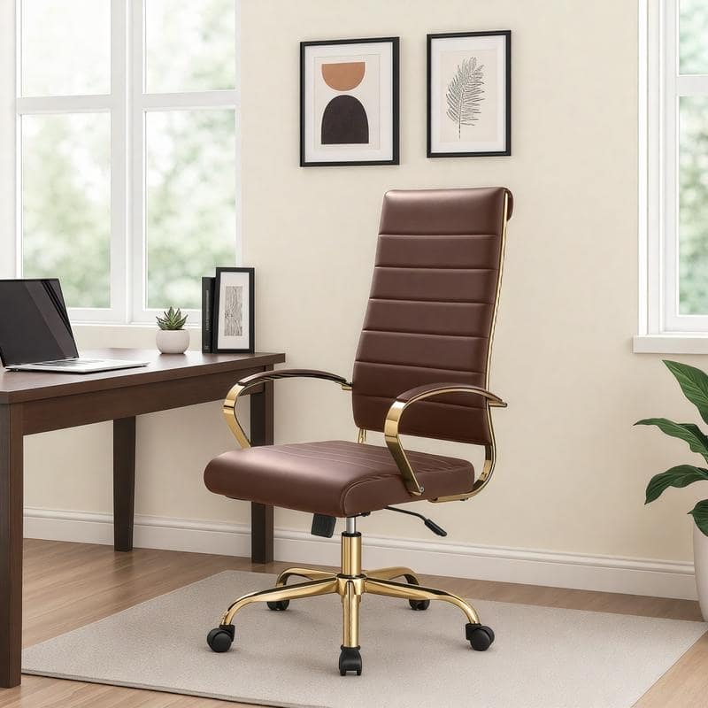 LeisureMod Benmar High-Back Leather Office Chair With Gold Frame - Red - 24.5"Dx22.5"Wx46"H