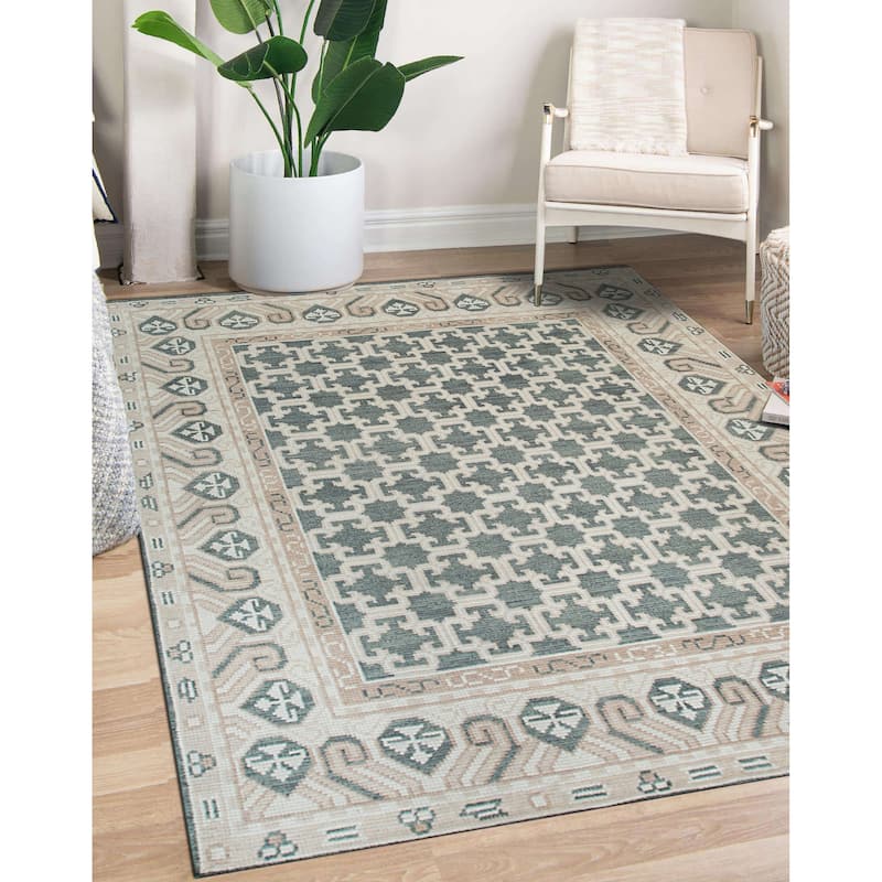 Hand-Knotted Wool Charcoal Traditional Oriental Kotan Rug - Classic Elegance and Timeless Craftsmanship - 8' x 10' - Green