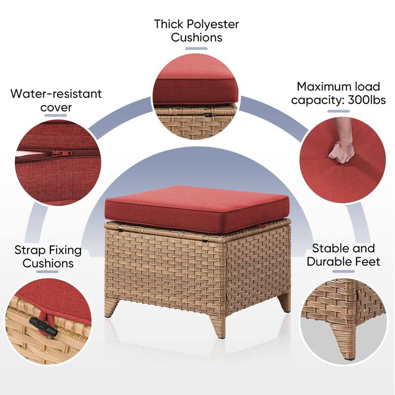 Gymojoy Outdoor Durable Wicker Ottomans with Olefin Cushions