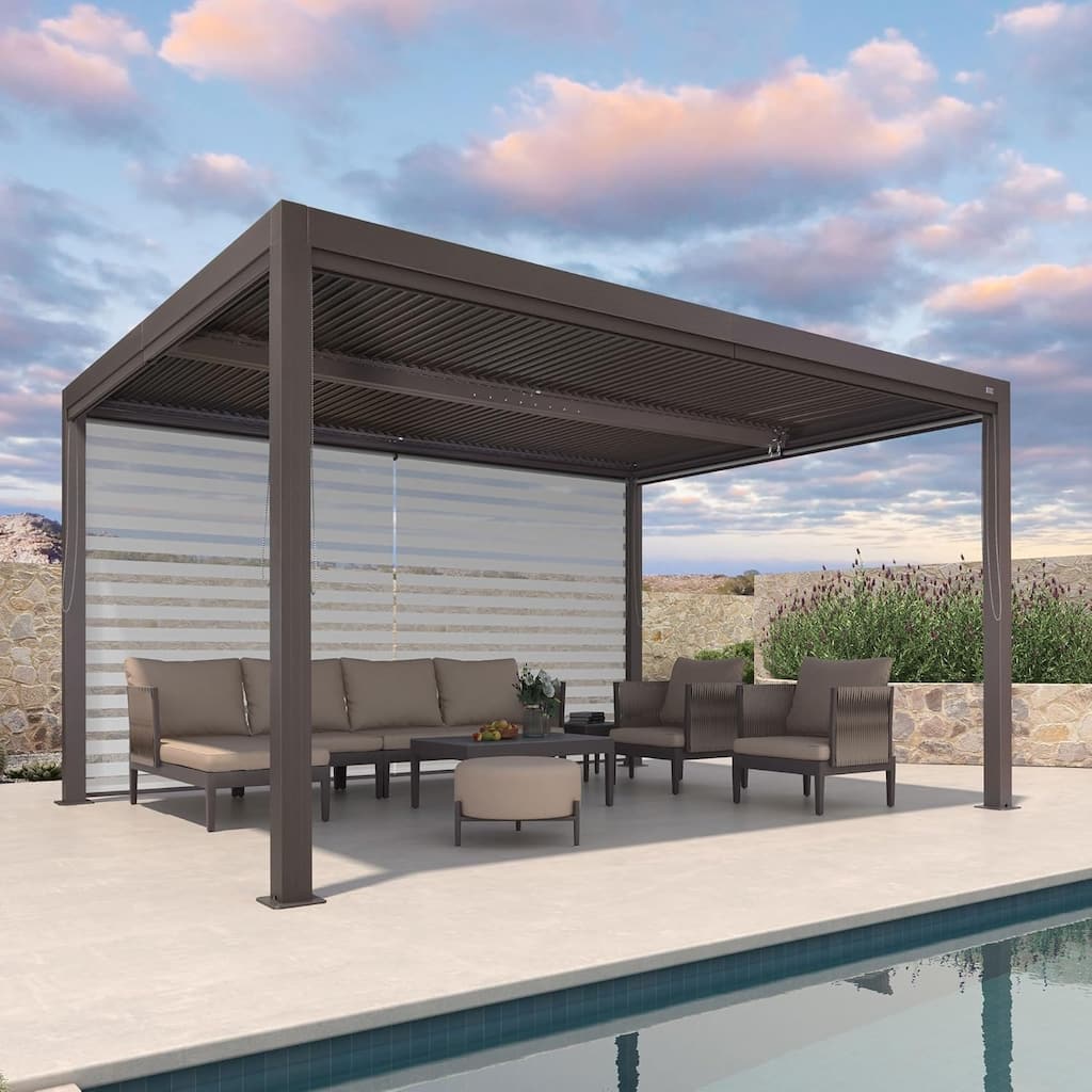 PURPLE LEAF Bronze Louvered Pergola with Adjustable Roof for Deck Backyard Garden Hardtop Gazebo