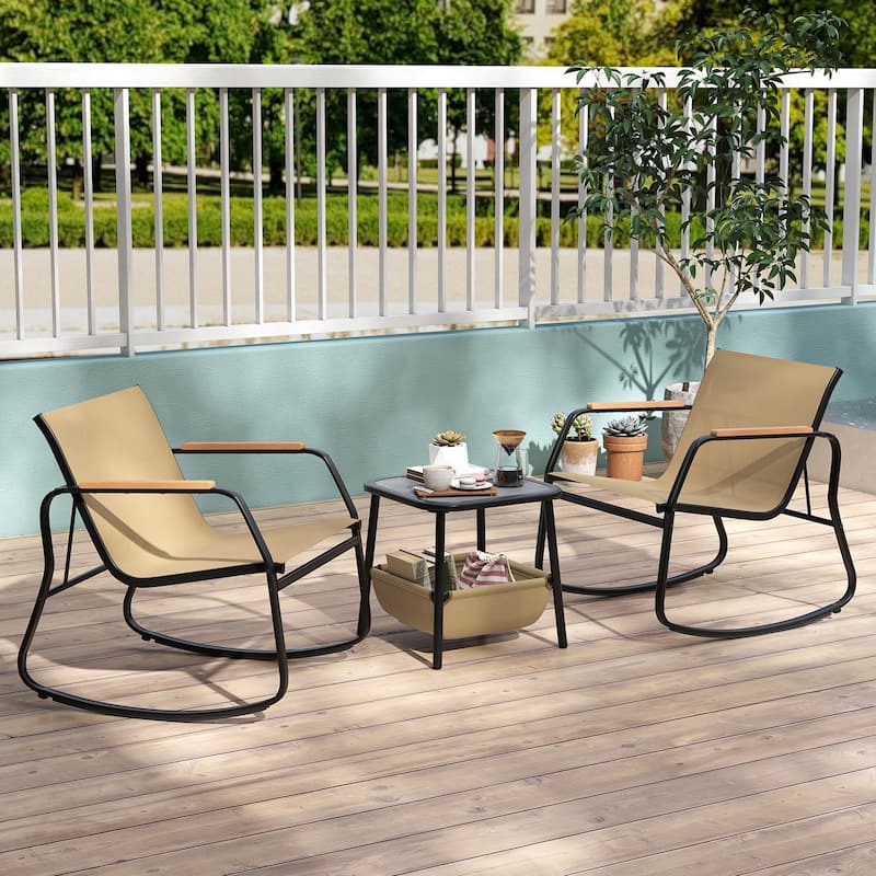 3 Piece Black-Brown Metal Fabric Patio Rocking Chairs with Table Storage - Chair: 29" x 24" x 29.5"