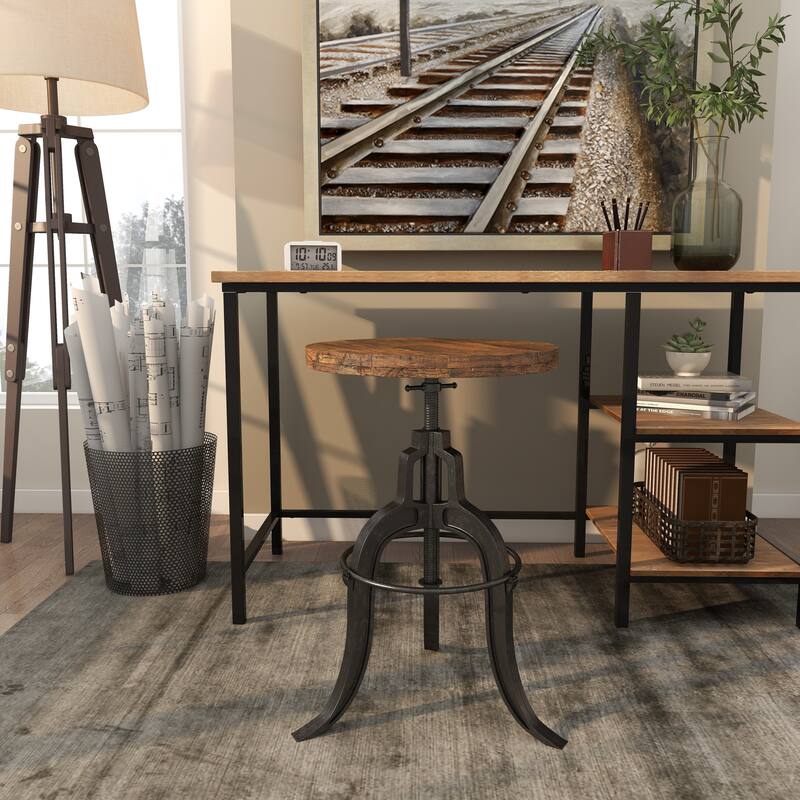 Black Metal Vintage Industrial Inspired Stool with Brown Adjustable Wood Seat
