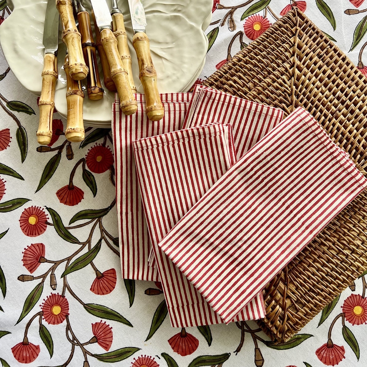 Red table napkins - set of 4- Striped - 18"x18"