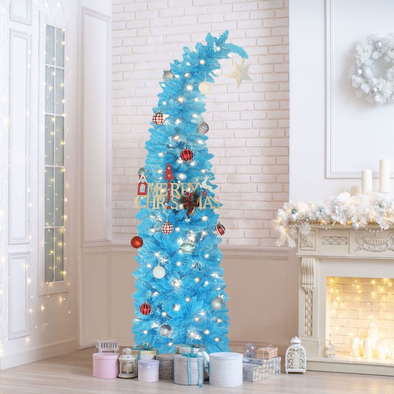 VEIKOUS 6ft Pre-Lit Artificial Christmas Tree with Adjustable Curved/Straight Top