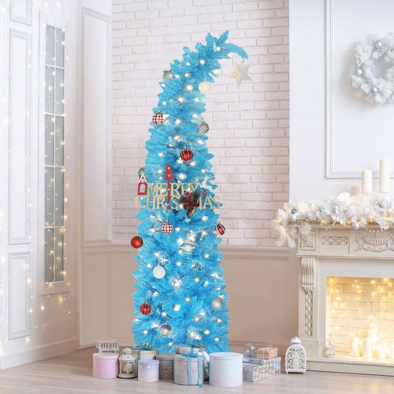 VEIKOUS 6ft Pre-Lit Artificial Christmas Tree with Adjustable Curved or Straight Top - N/A
