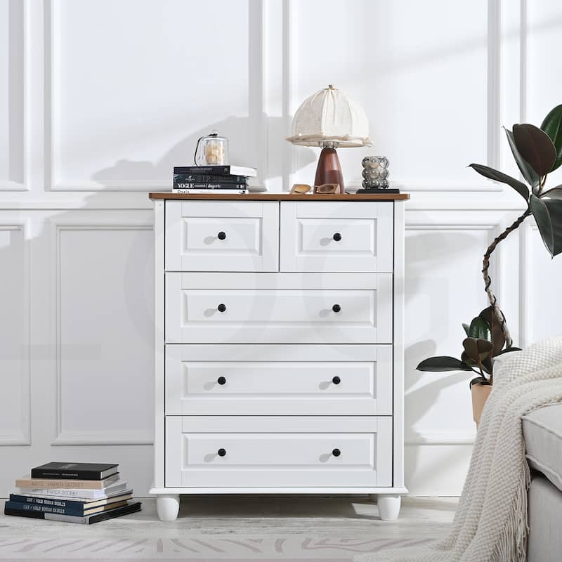 Tall Wood Storage Chest Cabinet, Drawer Dresser, Wooden Dresser, Storage Organizer Cabinet - Ivory White-5 Drawer