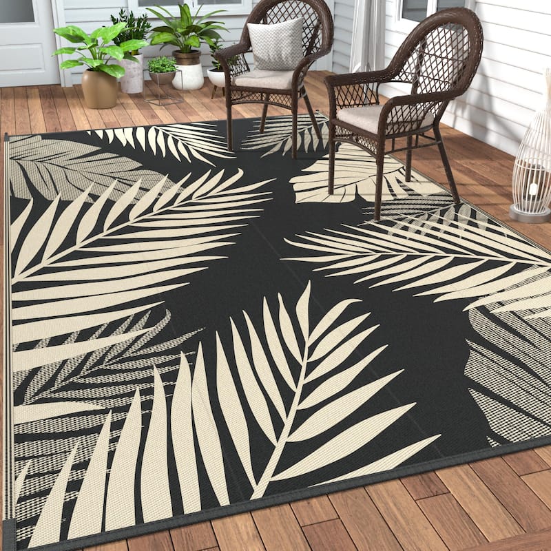 Mcow Palm Leaf Collection Reversible Woven Waterproof Outdoor Area Rug - 9' x 12' - Black/Beige - Rectangle