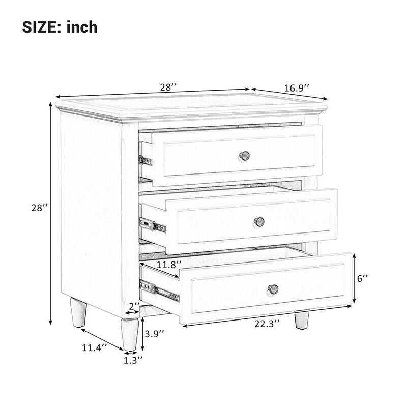 Wood Nightstand with Metal Sliding Rail and 3 Drawer