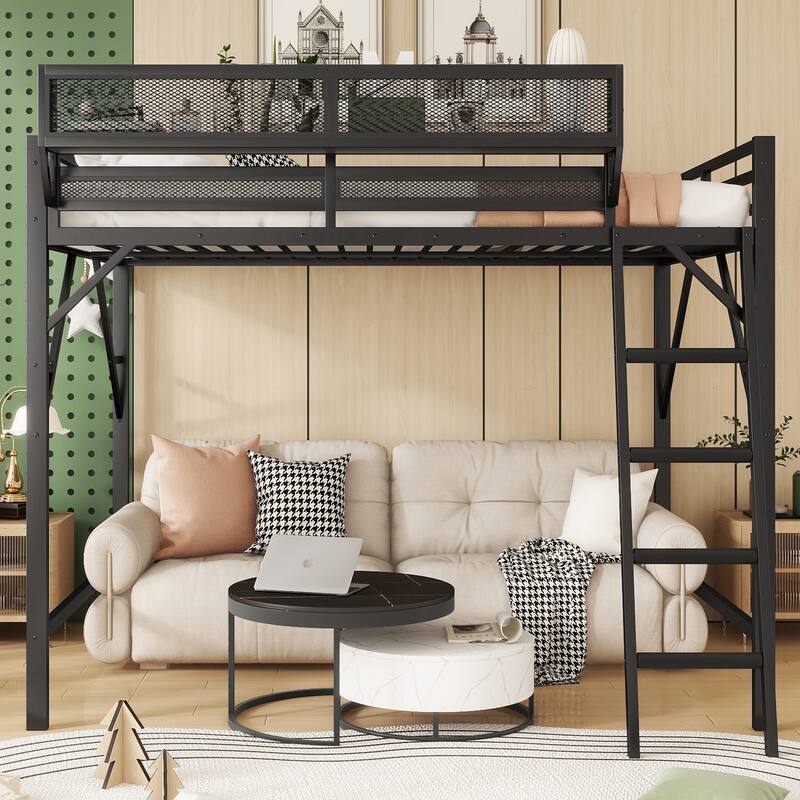 Heavy Duty Metal Loft Bed Frame with Guardrails and Storage Shelves - Black - Full