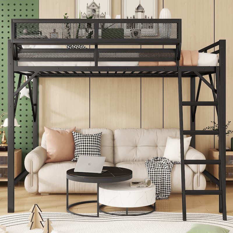 Metal Loft Bed with Ladder and Shelves