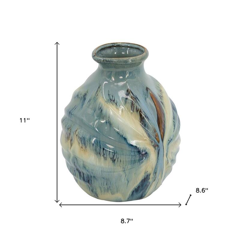 11" Blue Beige And Brown Abstract Round Ceramic Table Vase - 8.10