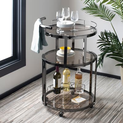 SAFAVIEH Rio 3 Tier Round Bar Cart-Black Nickel / Tea - 22.1" x 19.7" x 34.3"