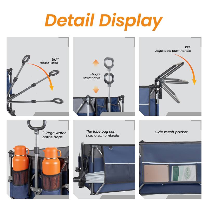 Multi-Functional Push-Pull Folding Wagon Cart with Rotating Handle & Canopy,7"x4"All-Terrain Wheels & Brakes,300L Large Capacity